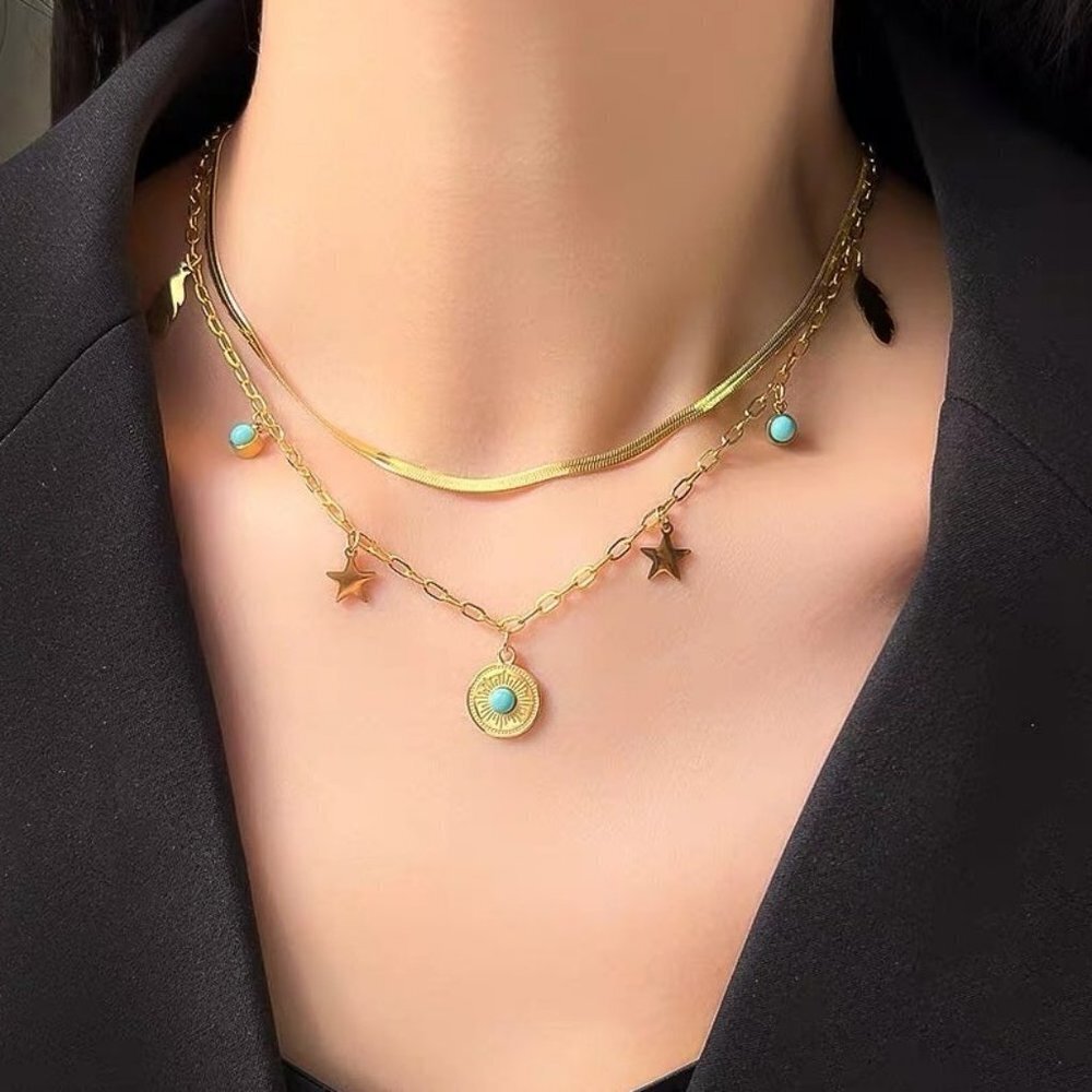 Fine Jewelry 2 Layer Leaves Star Cracked Stone Charm Chain Choker Necklaces - Picture 1 of 7